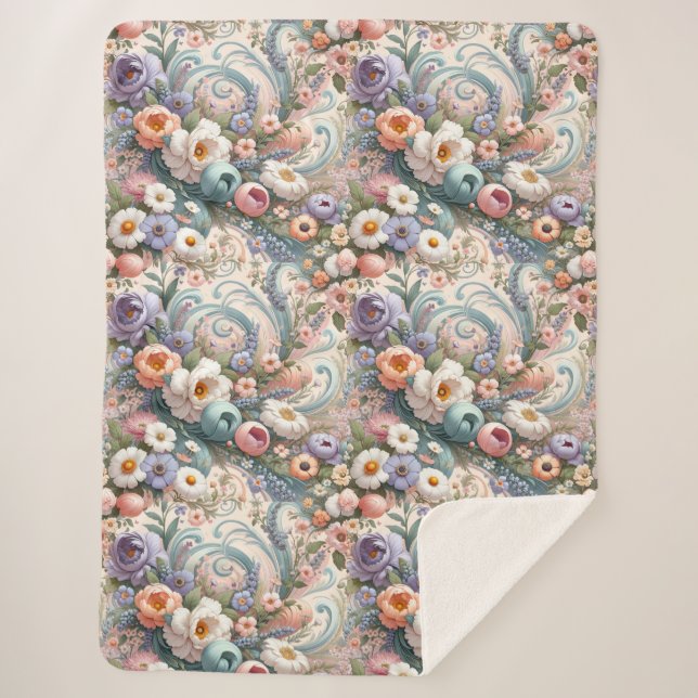 Cobertor Sherpa Roios Florais Whimsical em Pastel (Frente)