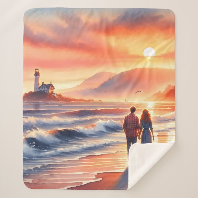 Cobertor Sherpa Romantic Coastal Sunset Lighthouse Walk (Frente)