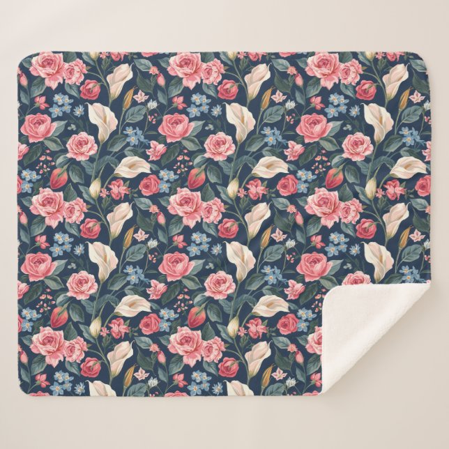 Cobertor Sherpa Romantic Navy Blue Floral Garden Pattern (Frente (Horizontal))
