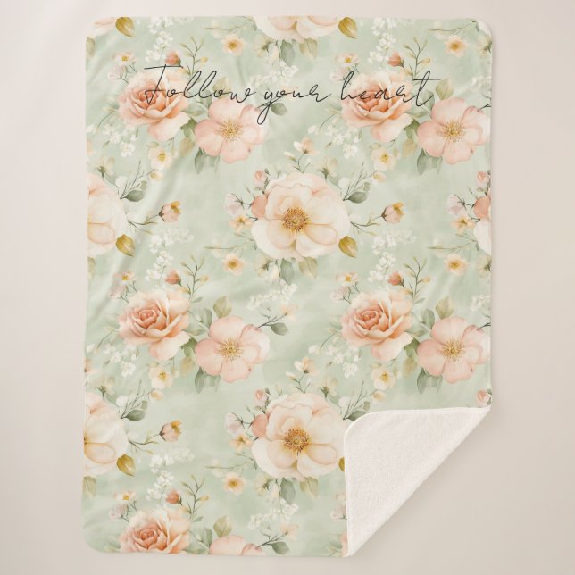 Cobertor Sherpa Romantic Peach Mint Pretty Roses Floral (Frente)