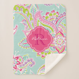 Cobertor Sherpa Rosa e Mint Boho Paisley Monogramas