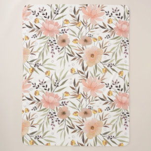 Cobertor Sherpa Rosa Pastel Pêssego Oliva Marrom   Folhas Florais