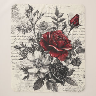 Cobertor Sherpa Rosa Preta Vermelha Flores de Manuscrito Antigo