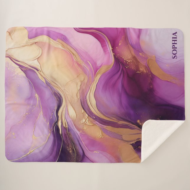 Cobertor Sherpa Rosa Roxo Moderno e Dourado- (Frente (Horizontal))