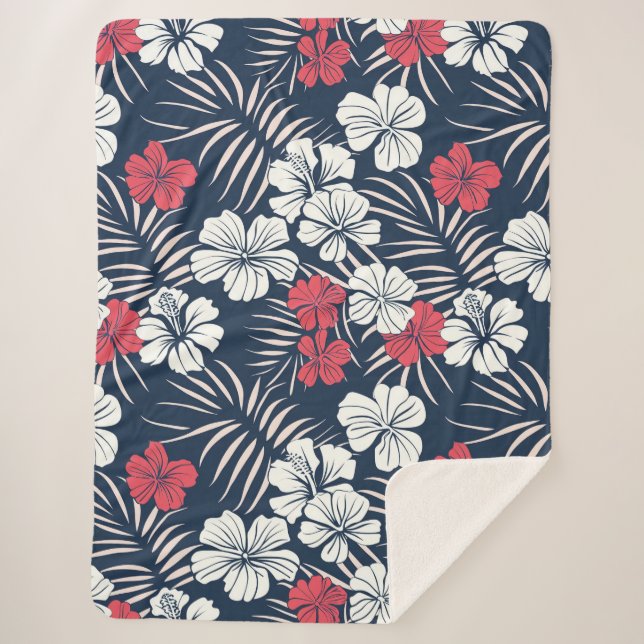 Cobertor Sherpa Rosa Tropical e Floral Naval (Frente)