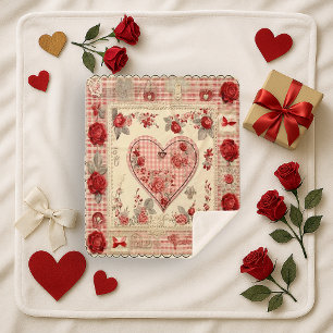 Cobertor Sherpa Rosa Xadrez Coração Shabby Chic Vintage