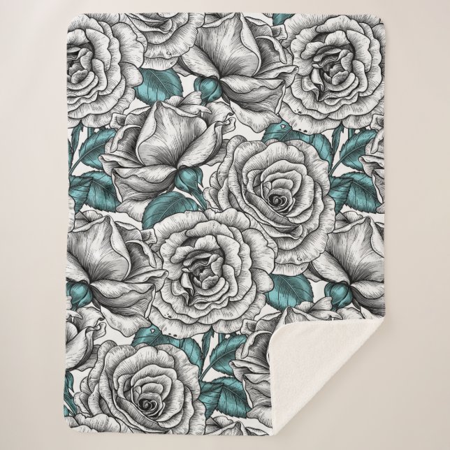Cobertor Sherpa Rosas brancas com folhas azuis (Frente)