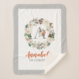 Cobertor Sherpa Rosas de Natal branco e coroa de folhagem de inver