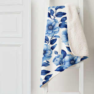 Cobertor Sherpa Rosas Florais em Azul Delft