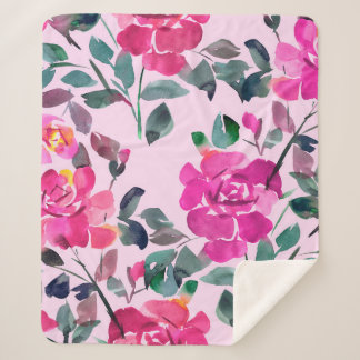 Cobertor Sherpa Rosas opulentes desenhados à mão. Coruja floral