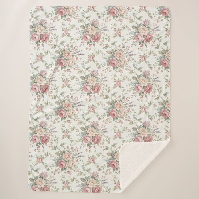Cobertor Sherpa Rosas Pastel Elegantes Shabby Chic (Frente)