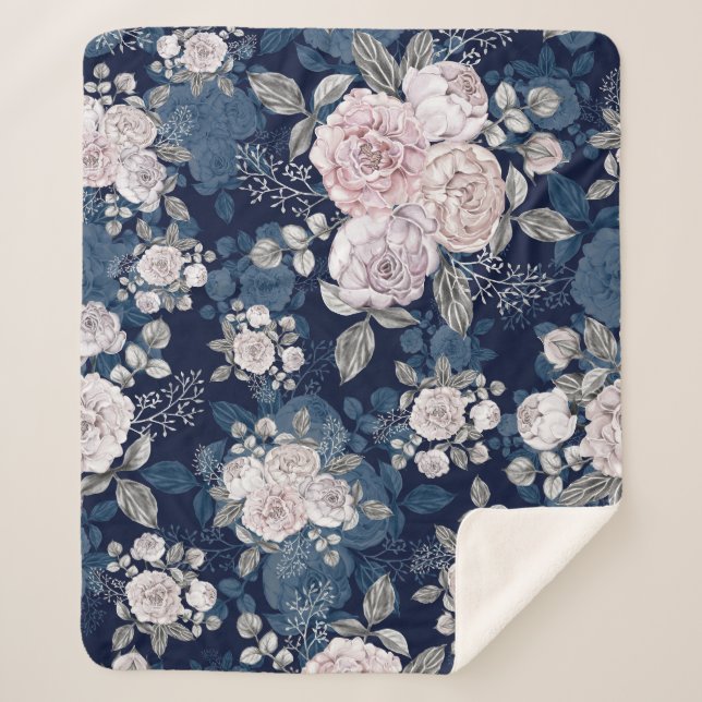 Cobertor Sherpa Rosas Rosa Azul Escuro: Vintage (Frente)
