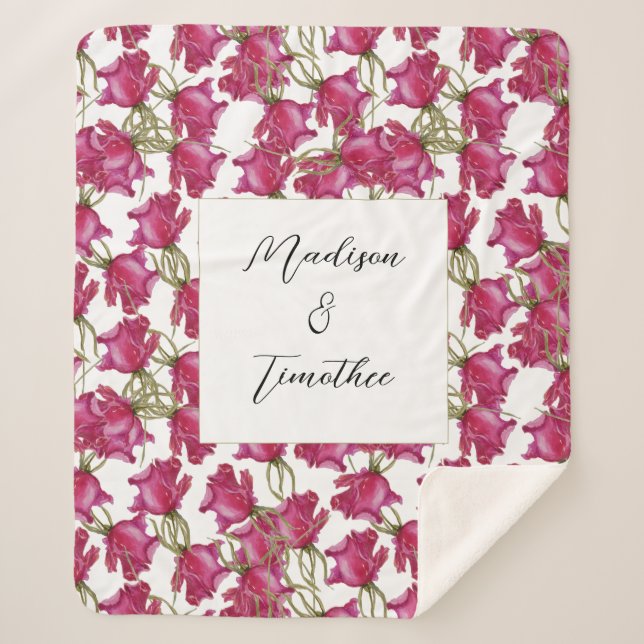 Cobertor Sherpa Rosas Rosa Cor-de-água Pintada Mão Monograma (Frente)