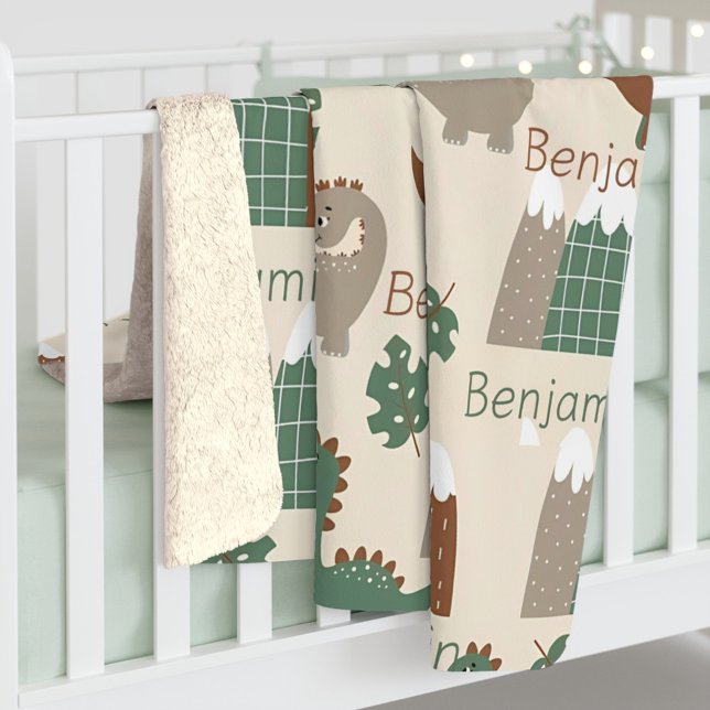 Cobertor Sherpa Safari Dinossauro Personalizado Nome Bebê (Personalized Safari Dinosaur Custom Name Baby Sherpa Blanket)