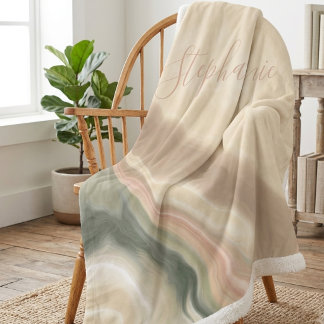 Cobertor Sherpa Sage Verde e Bege Nome Abstrato Aquarela