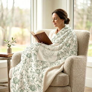 Cobertor Sherpa Sage Verde Floral Toile Vintage Monograma Crista