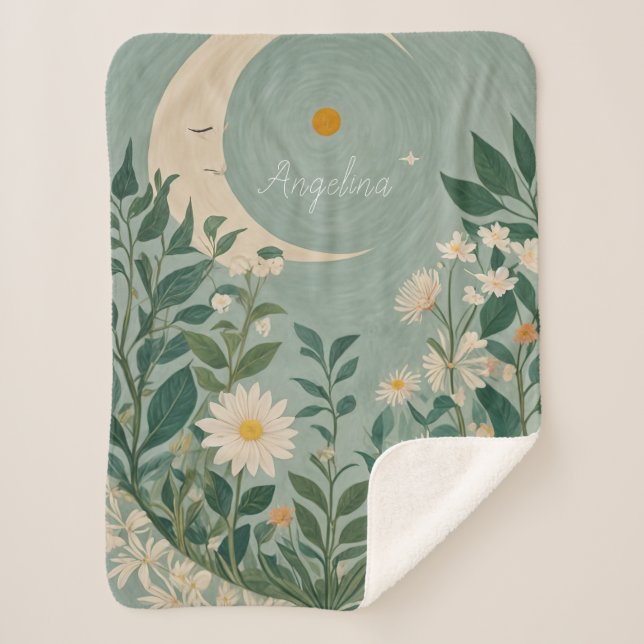 Cobertor Sherpa Sangue Lua: Pastel Floral e Lua Crescente (Frente)