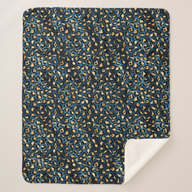 Cobertor Sherpa Série Leopardo Azul e Dourado Design 1 (Frente)