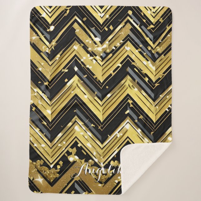 Cobertor Sherpa Seu nome aqui em Chevron Black e Dourado (Frente)