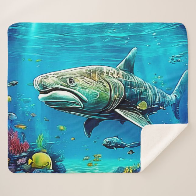 Cobertor Sherpa Shark Ocean Predator Art (Frente (Horizontal))