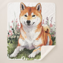 Shiba Inu Cog Sherpa Blanket Watercolor Design