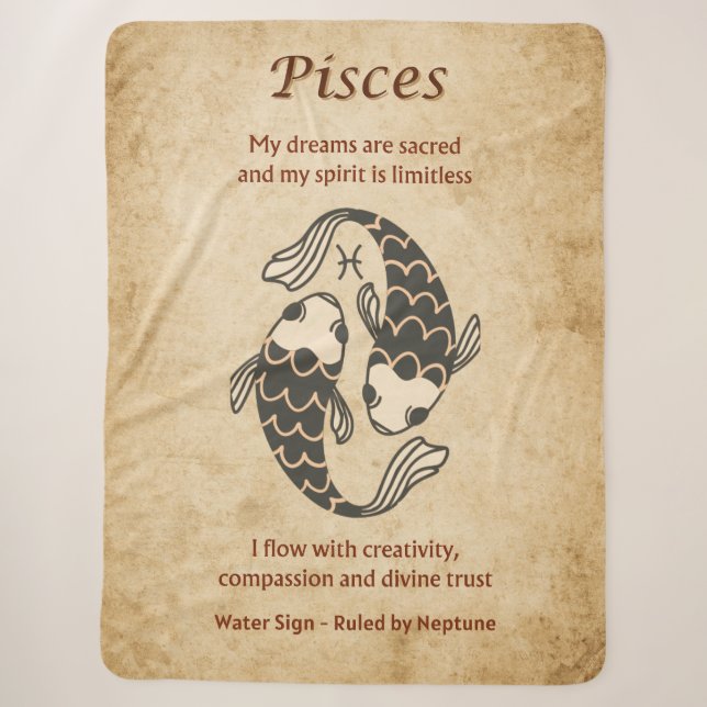 Cobertor Sherpa Signo Zodiacal de Peixes com Afirmações (Frente)