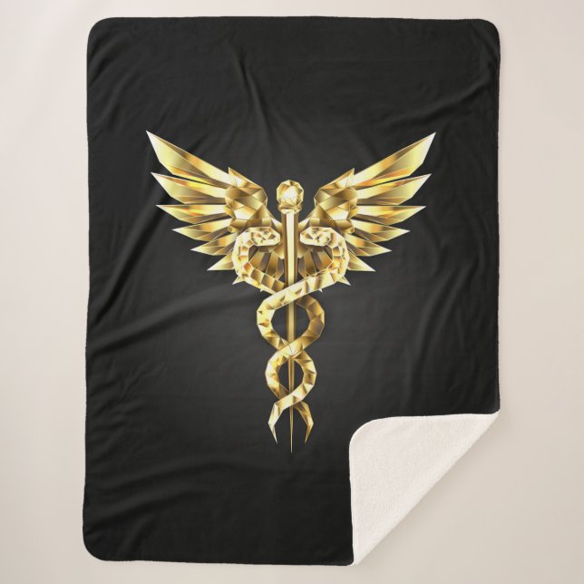 Cobertor Sherpa Símbolo Poligonal Dourado Caduceus (Frente)