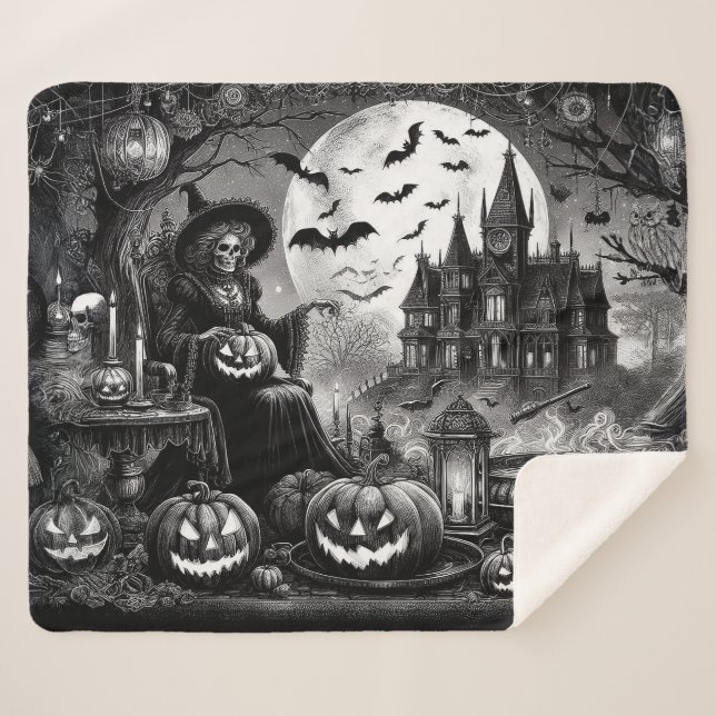 Cobertor Sherpa Skeleton Witch Pumpkin (Frente (Horizontal))