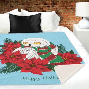 Cobertor Sherpa Snowy Owl Red Poinsettias Natal
