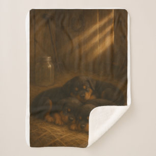 Cobertor Sherpa Soneca Dourada: Filhotes de Rottweiler no Celeiro