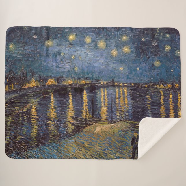 Cobertor Sherpa Starry Night Over Rhone River por Vincent Van Gogh (Frente (Horizontal))