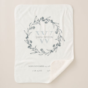 Cobertor Sherpa Stats de Bebê Floral Laurel Wreath Monogramas