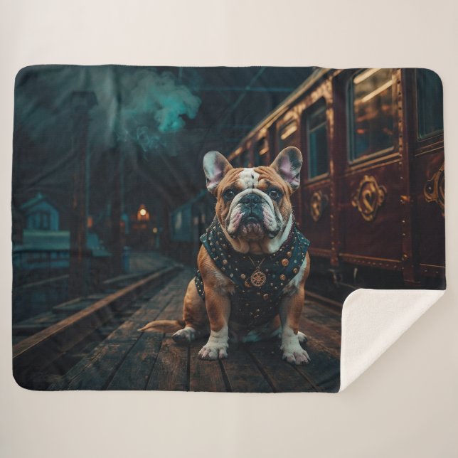 Cobertor Sherpa Steampunk Bulldog Stationmaster Portrait (Frente (Horizontal))