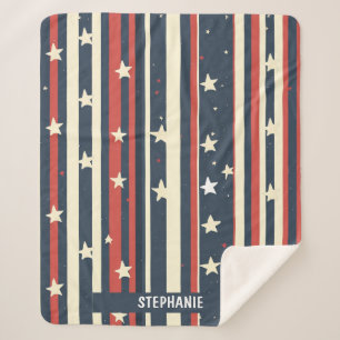 Cobertor Sherpa Stripes Vermelhos, Brancos e Azuis com Estrelas (2