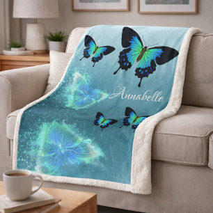 Cobertor Sherpa Sublime Gorgeous Aqua Turquoise Borboletas