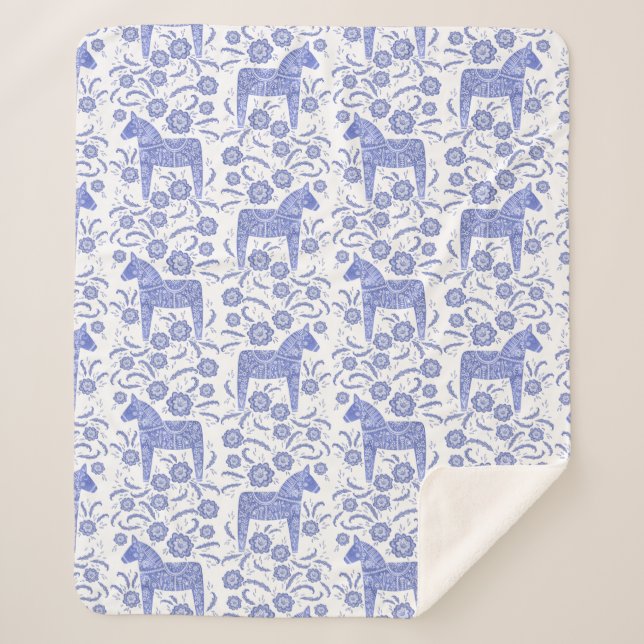 Cobertor Sherpa Sueco Dala Horse Blue e White Sherpa Blanket (Frente)