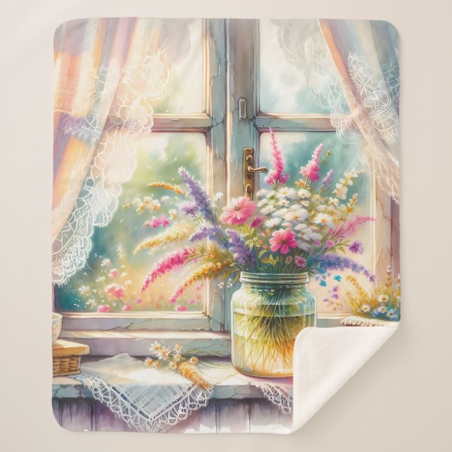 Cobertor Sherpa Sunlit Cottage Window Wildflowers (Frente)
