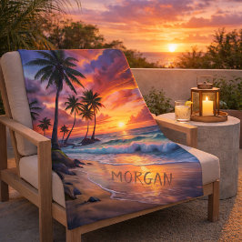 Cobertor Sherpa Sunset de praia tropical personalizado | Arte Cost