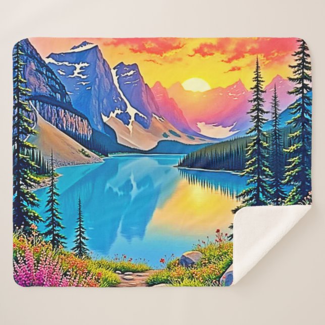 Cobertor Sherpa Sunset Mountain Lake Majesty Art (Frente (Horizontal))