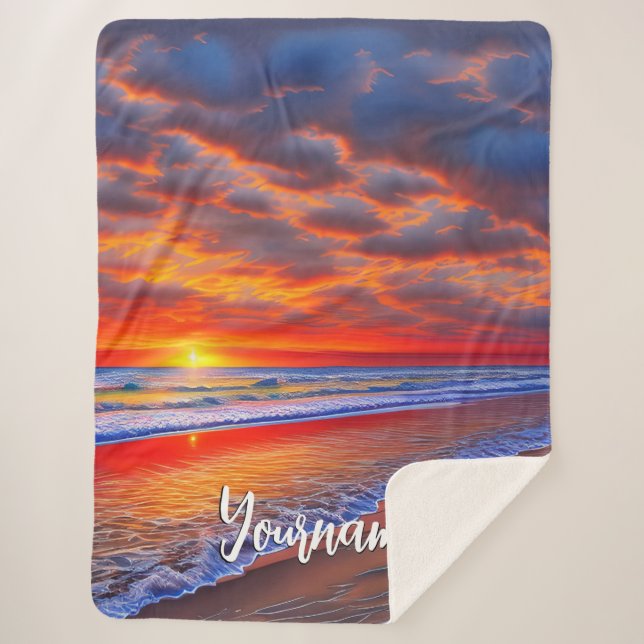 Cobertor Sherpa Sunset tropical com nome personalizado (Frente)