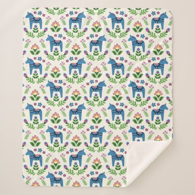 Cobertor Sherpa Swedish Dala Horses Blue (Frente)