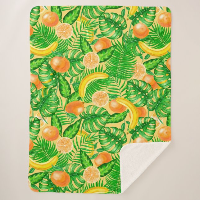 Cobertor Sherpa Tangerinas, bananas e folhas tropicais (Frente)