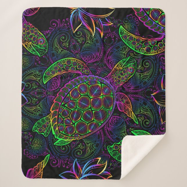 Cobertor Sherpa Tartaruga do Mar Boho: Padrão Psicodélico de Manda (Frente)