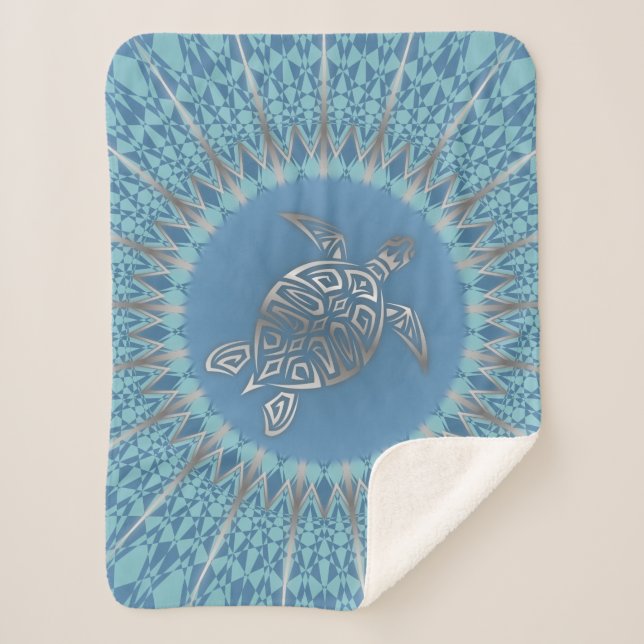 Cobertor Sherpa Tartaruga Marinha Azul Prata e Mandala (Frente)