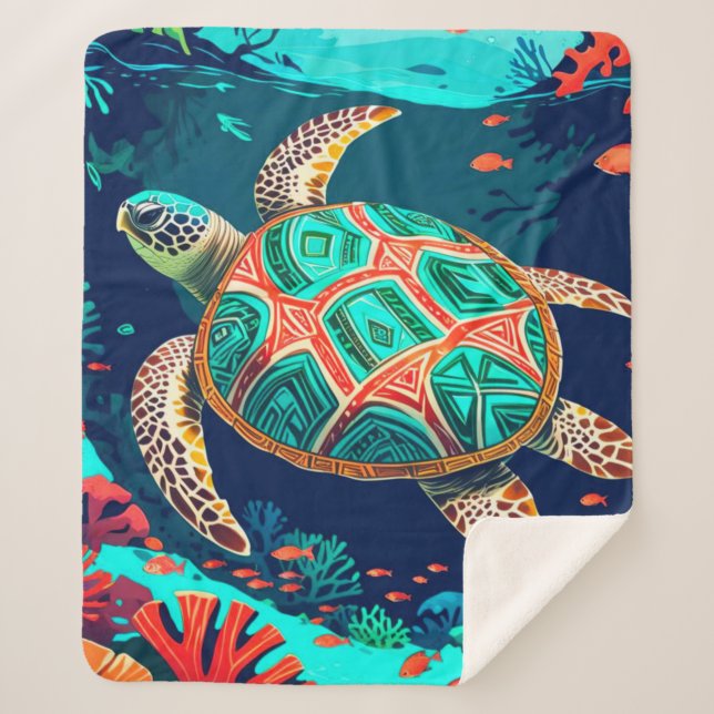 Cobertor Sherpa Tartaruga Tropical Tribal (Frente)