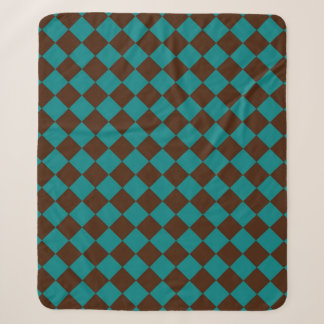 Cobertor Sherpa Teal Brown Checker Diamond Pattern