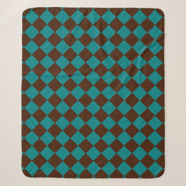Cobertor Sherpa Teal Brown Checker Diamond Pattern (Frente)