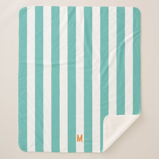 Cobertor Sherpa Teal Cabana Stripe & Personalizado Monograma Laran (Frente)