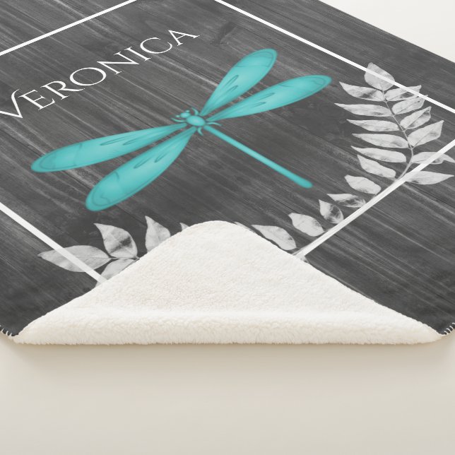 Cobertor Sherpa Teal Dragonfly Rustic Personalizada Sherpa Blanket (3/4)
