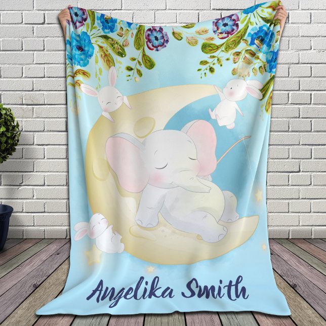 Cobertor Sherpa Teal Elephant Crescent Moon Personalize Name (Criador carregado)